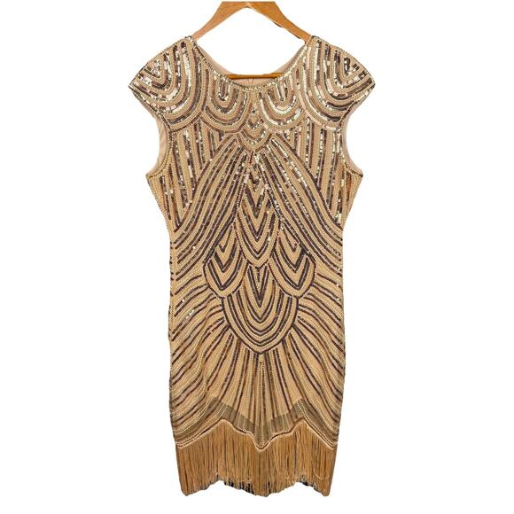 Unbranded Dresses & Skirts - Women’s Dress L Gold‎ Beaded Flapper Fringe 20s Inspired Artsy Boho Gatsby Party